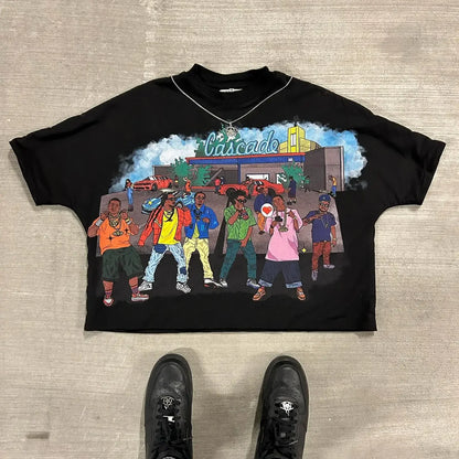 American Fashion Trend Big Head Cartoon Print Pattern T-Shirt Women's Retro Casual Loose Versatile Round Neck Short Sleeve Top Street King Limited