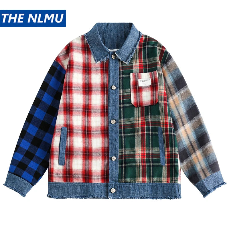 men hip hop denim jacket plaid patchwork oversized harajuku y2k unisex jeans jackets 2023 man fashion causal jacket outwear vintage washed jeans