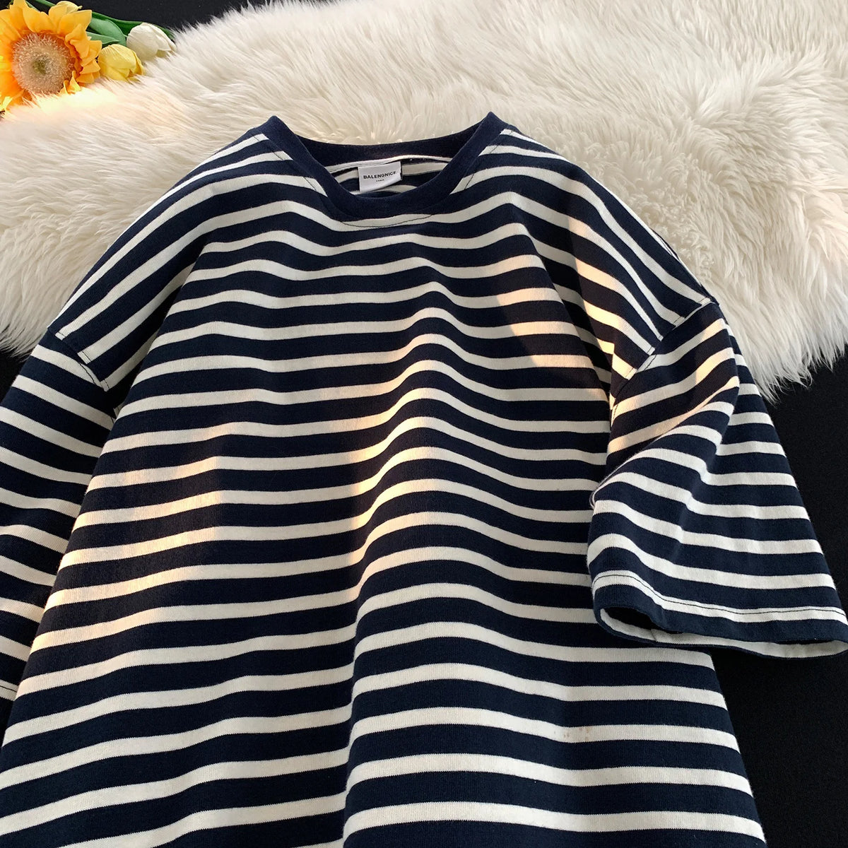 Japanese Striped Contrasting Color Short-Sleeved T-Shirt Men's Summer Pure Cotton 280g Heavy Loose Half-Sleeved T-Shirt Street King Limited