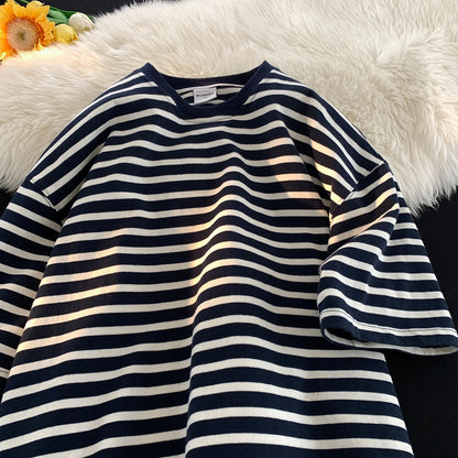 Japanese Striped Contrasting Color Short-Sleeved T-Shirt Men's Summer Pure Cotton 280g Heavy Loose Half-Sleeved T-Shirt Street King Limited