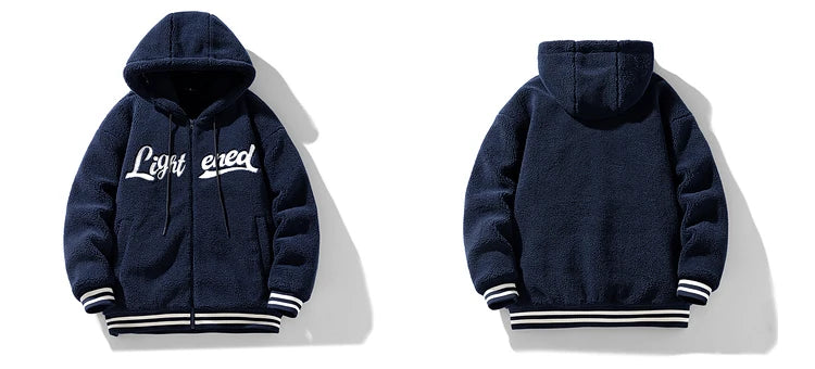 men fleece jackets and coats casual letter embroidery hairy zipper hooded outerwear warm streetwear parkas loose bomber jacket unique default style 3467