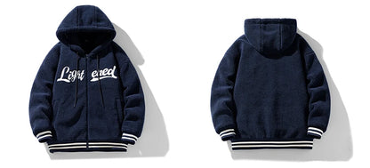 men fleece jackets and coats casual letter embroidery hairy zipper hooded outerwear warm streetwear parkas loose bomber jacket unique default style 3467
