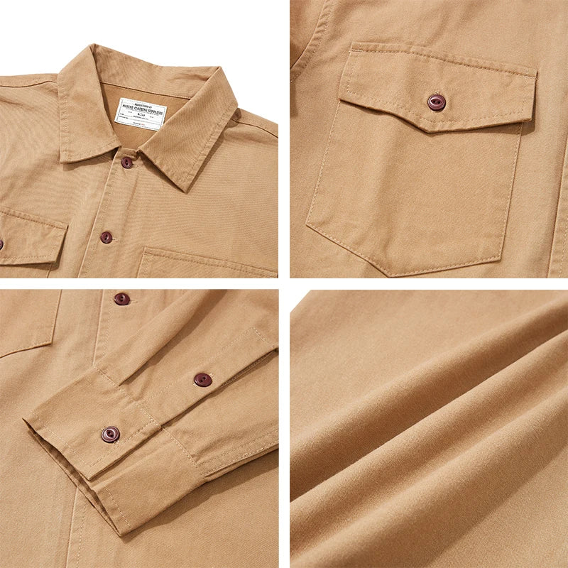 Amekaji Vintage Long Sleeve Cargo Shirt Men Kahki Lapel Multi-pocket Thick Tooling Shirt Autumn Engineer Workwear Cardigan Tops Street King Limited