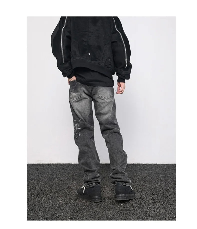 mens hip hop streetwear denim pants cobweb embroidery denim pants 2023 harajuku zipper cotton joggers jeans trousers harem pants unique joggers style 923