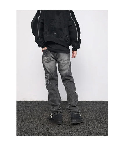 mens hip hop streetwear denim pants cobweb embroidery denim pants 2023 harajuku zipper cotton joggers jeans trousers harem pants unique joggers style 923