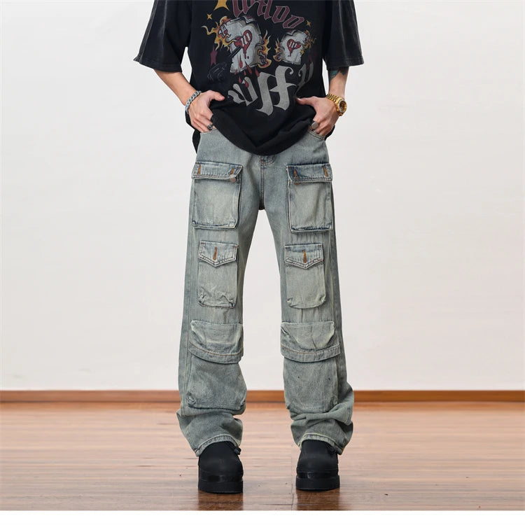 hip hop cargo denim pants streetwear plain denim pants mens harajuku cotton casual joggers jeans loose straight pants trousers unique joggers style 2842
