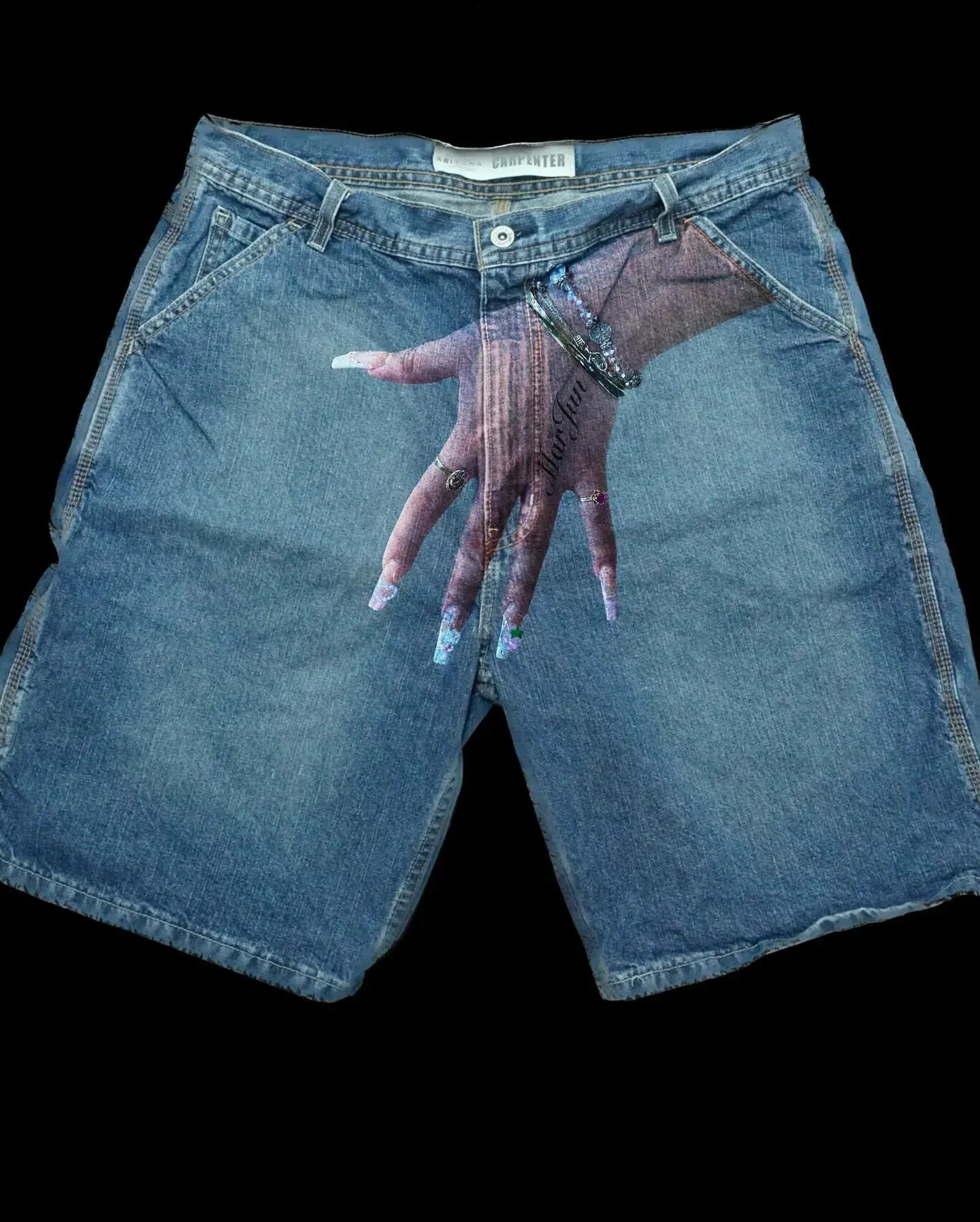 harajuku hip hop graphic print retro blue baggy denim gym shorts y2k shorts pants mens new gothic sweatpants basketball shorts unique joggers style 4589