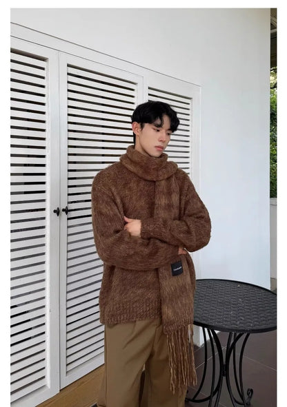 Autumn Warm Sweater Mens Korean Street Simplicity Round Neck Pullover+Solid Color Scarf Two-piece Set Casual Knitted Tops Trend Street King Limited