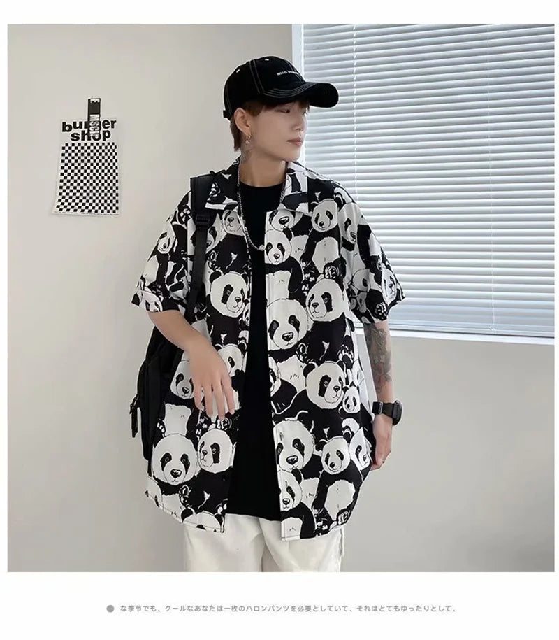 Streetwear Summer Panda Printed Shirts For Men Casual Loose Short Sleeved Camisas Summer Panda Printed Shirts For Men Casual Loose Short Sleeved Camisas Couples Streetwear Fashion Tee Shirt Luxury Social Shirt Fashion Sweater Jacket With Graphic Design For Men