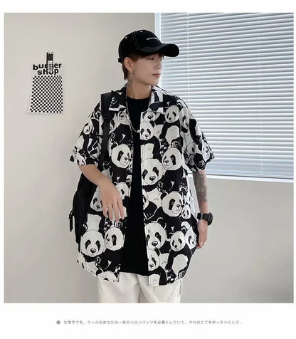 Streetwear Summer Panda Printed Shirts For Men Casual Loose Short Sleeved Camisas Summer Panda Printed Shirts For Men Casual Loose Short Sleeved Camisas Couples Streetwear Fashion Tee Shirt Luxury Social Shirt Fashion Sweater Jacket With Graphic Design For Men