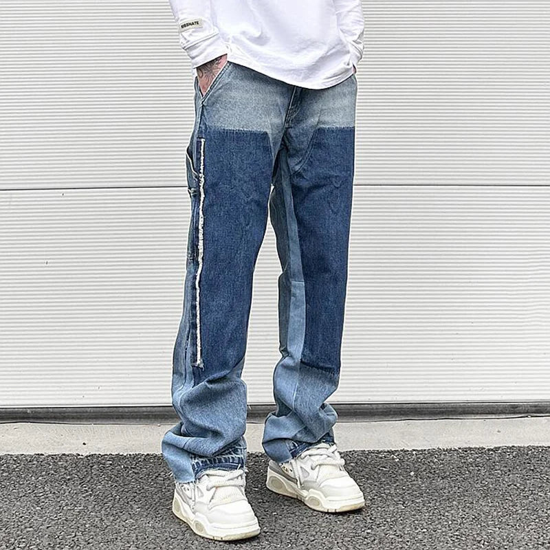 high street patchwork ripped black jeans pants for men straight retro casual sashes pockets denim trousers oversized loose jean denim street jeans