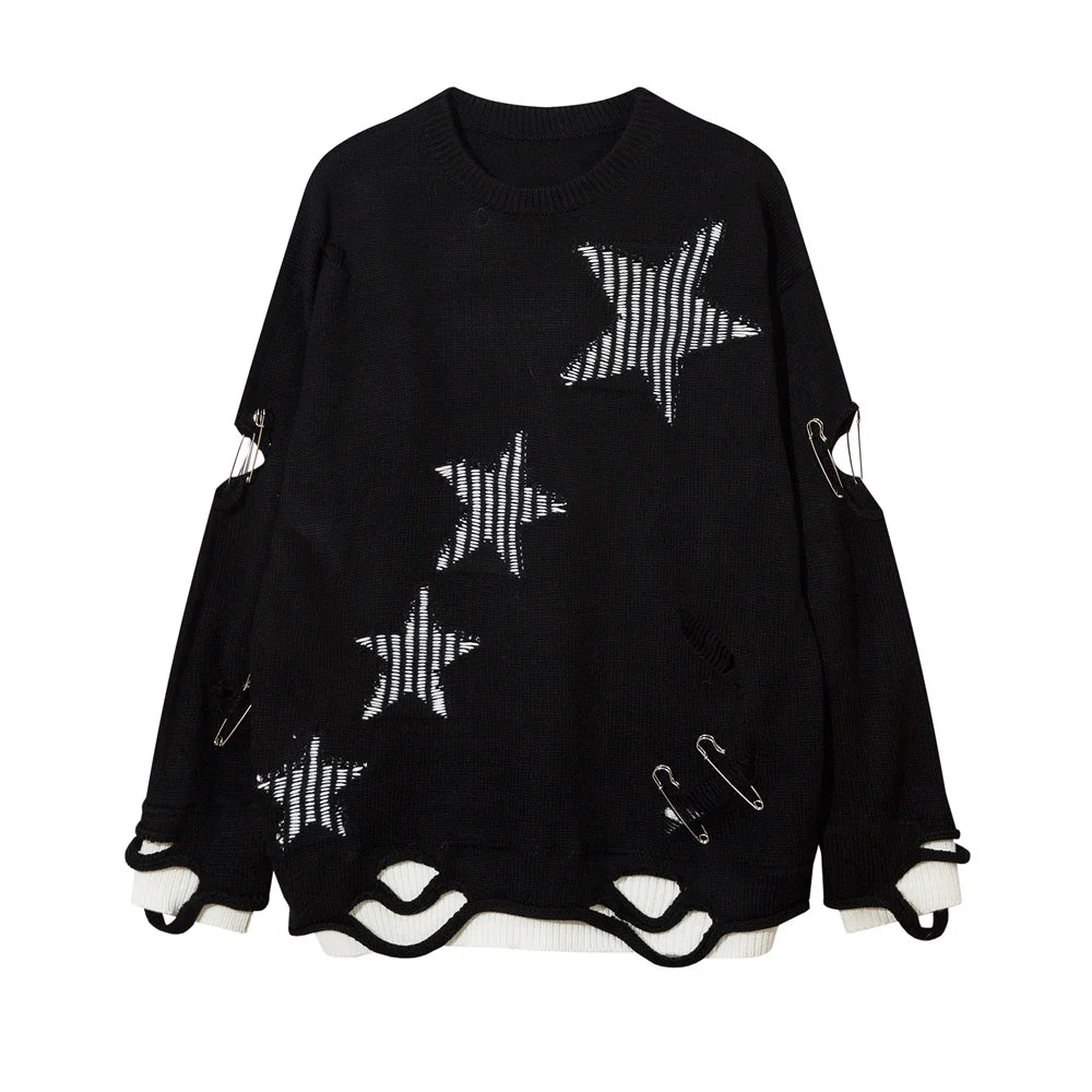 2023 Hip Hop Knitted Sweater Streetwear Star Graphic Distressed Ripped Pullover Men Harajuku Casual Knitwear Unisex Punk Street King Limited