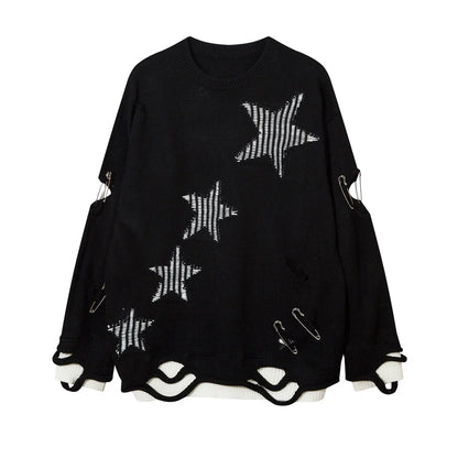 2023 Hip Hop Knitted Sweater Streetwear Star Graphic Distressed Ripped Pullover Men Harajuku Casual Knitwear Unisex Punk Street King Limited