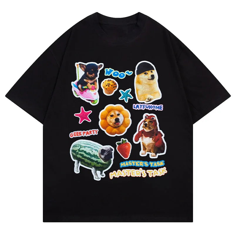 Men Cotton T Shirt Fun Cartoon Dog Printed Tees 3 Colors Optional College Style Oversize Loose Couple Short Sleeve Tshirt Tops Street King Limited