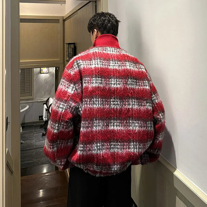 men turtleneck trendy brand fashion stripe christmas woolen bomber jacket women oversize plaid top coat outerwear relaxed fit trousers