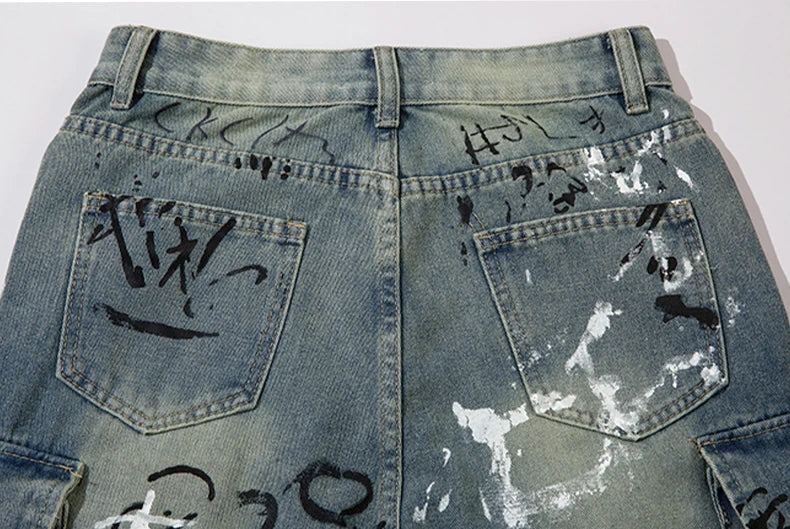 graffiti printed denim jeans unisex side pocket straight cargo jean trousers hip hop streetwear casual loose joggers jeans pants unique joggers style 2704