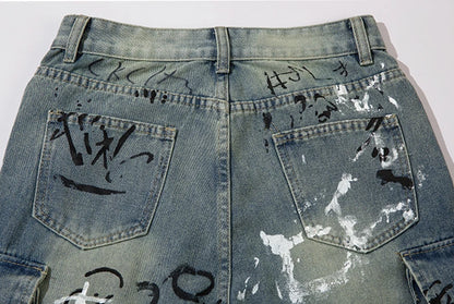 graffiti printed denim jeans unisex side pocket straight cargo jean trousers hip hop streetwear casual loose joggers jeans pants unique joggers style 2704
