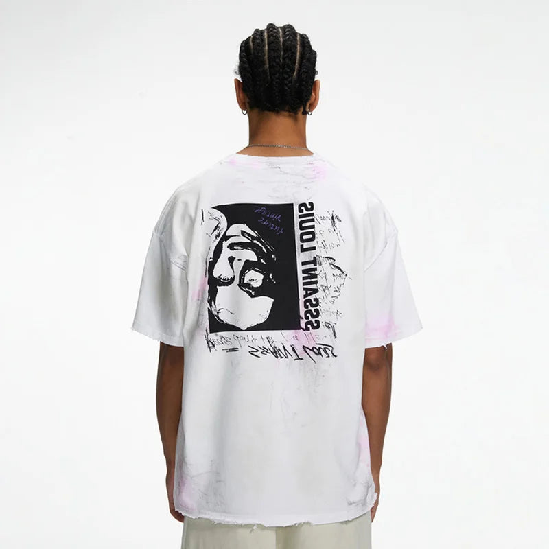 2024ss Saint Louis T-shirts Men Woman Good Quality Cotton Loose Wash White Nightmare Debris Printing Top Tees Street King Limited