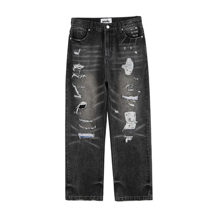 y2k frayed hole damaged washed black baggy jeans for men streetwear straight casual denim trousers ropa hombre loose cargo pants multi-pocket cargos