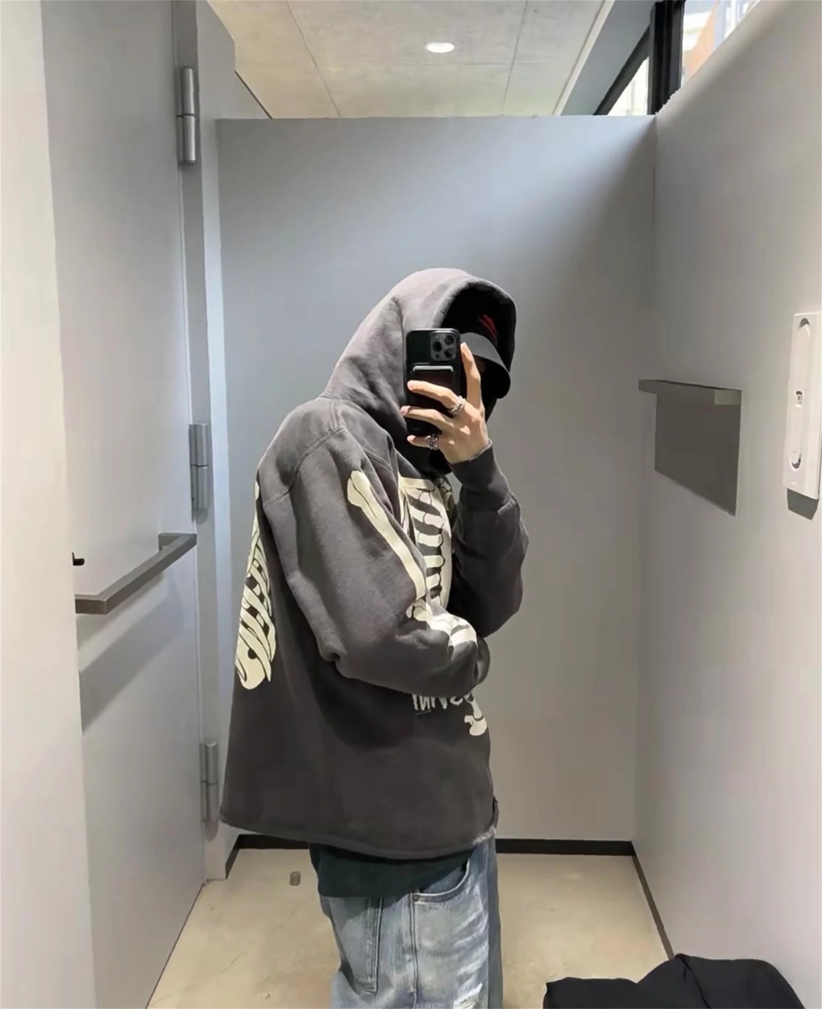 2024 SM Skeleton Rib Cracked Printed Hoodie High Street Washed Outdated Couple Loose Hoodies Street King Limited