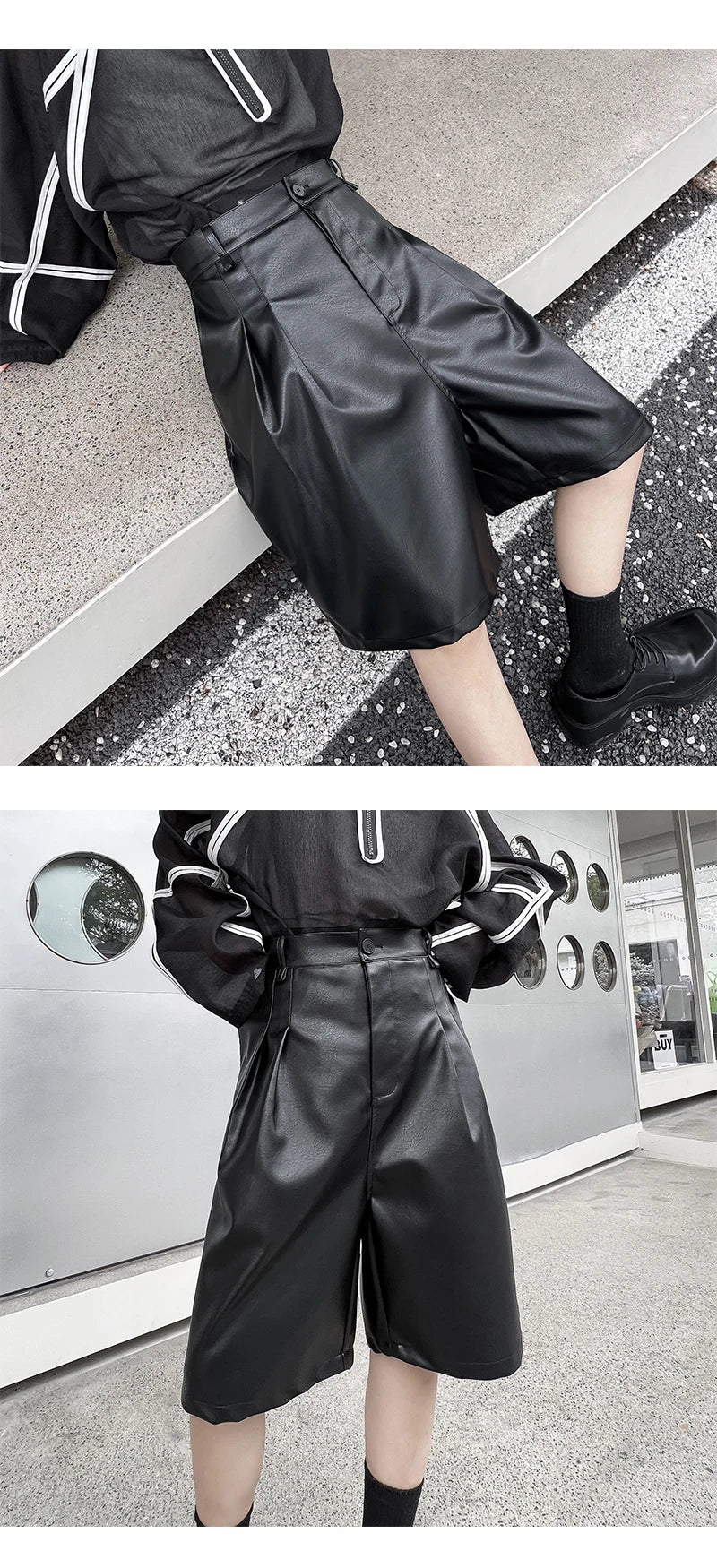 men japanses korean streetwear fashion hip hop loose casual dark black wide leg leather shorts male short pant unique shorts style 914