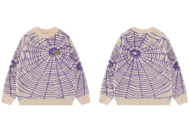 2023 Men Streetwear Sweater Hipster Spider Web Graphic Hip Hop Knitted Sweater Casual Loose Pullover Sweater Black Purple Street King Limited