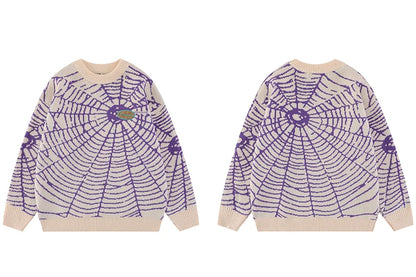 2023 Men Streetwear Sweater Hipster Spider Web Graphic Hip Hop Knitted Sweater Casual Loose Pullover Sweater Black Purple Street King Limited