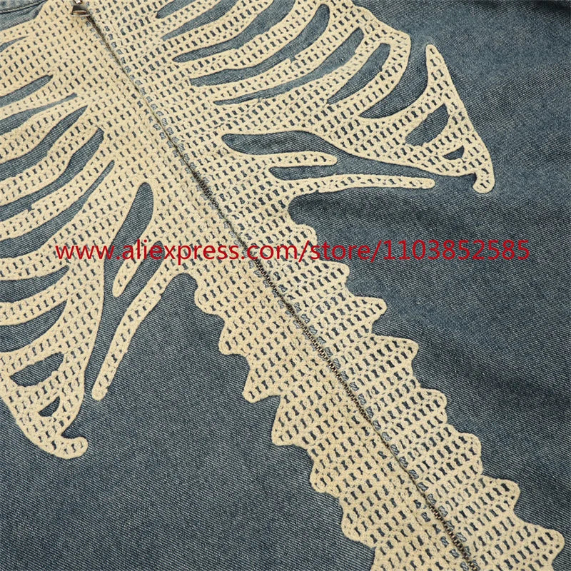 vintage mens long sleeved denim jacket high street oversized washed bone embedding tops clothing autumn winter 2024 heavyweight unique jeans style 1332