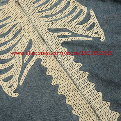 vintage mens long sleeved denim jacket high street oversized washed bone embedding tops clothing autumn winter 2024 heavyweight unique jeans style 1332