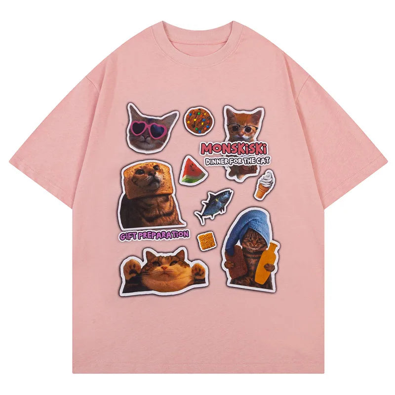 Men Cotton T Shirt Fun Cartoon Cat Printed Tees Retro American Oversize Loose Couple Short Sleeve Tshirt Tops 3 Colors Optional Street King Limited