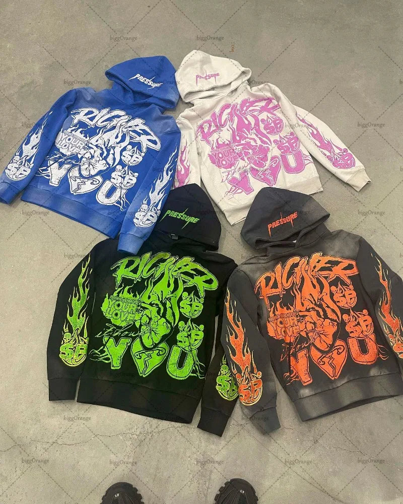 American 2023 New Color Letter Gothic Print Oversized Hoodie Women's Y2K High Street Hip-Hop Loose Pullover Sweatshirt Women's Street King Limited