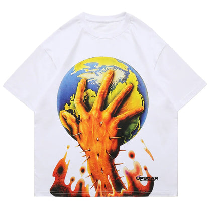 Aolamegs Men Horror Hand Earth Printed T-shirt Summer Gothic Hip Hop Style Tee Tops Cotton Oversized Short Sleeve Men's Clothing Street King Limited