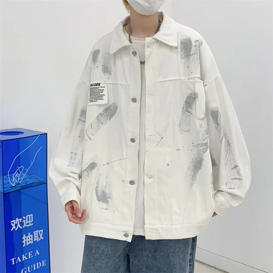 new graffiti tie dye denim jackets for men autumn high street appliques button coats harajuku fashion vintage jeans jacket vintage washed jeans