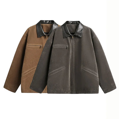 2025 american streetwear retro leather collar bomber jacket men loose casual fashion short cargo jacket spring autumn coat unique cargo style 435