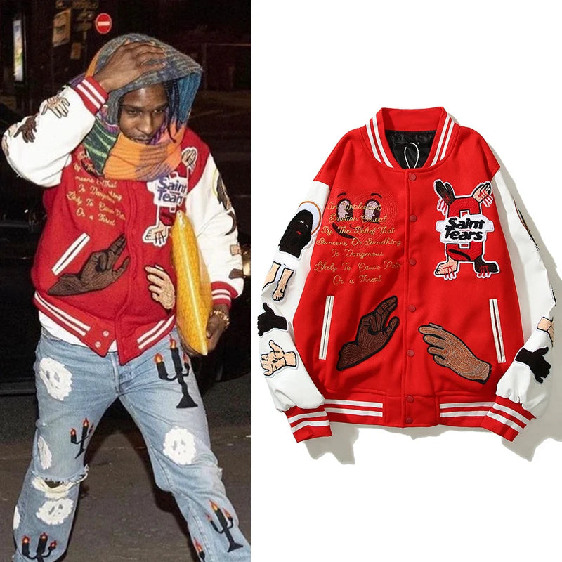 high street color block graffiti embroidery baseball jacket mens leather sleeve woolen patchwork stand oversized winter coats clean everyday pants