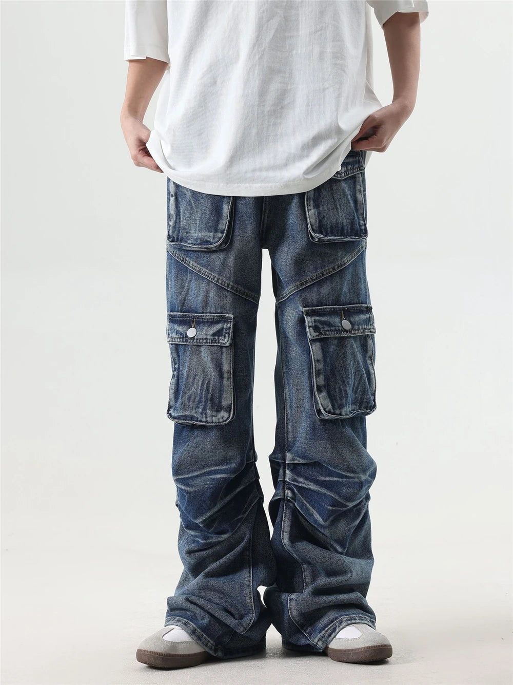 2024 multi pocket jeans vintage mens harajuku cargo denim pants retro hip hop straight loose jean pants 1 unique cargo style 231