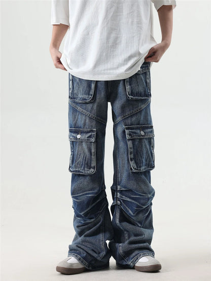2024 multi pocket jeans vintage mens harajuku cargo denim pants retro hip hop straight loose jean pants 1 unique cargo style 231