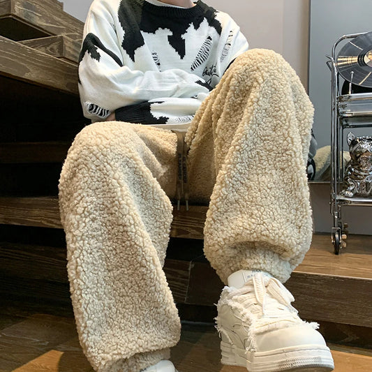 Winter Thickened Pants Men Warm Fashion Retro Lamb Wool Pants Men Oversized Streetwear Loose Straight Pants Mens Thick Trousers Street King Limited
