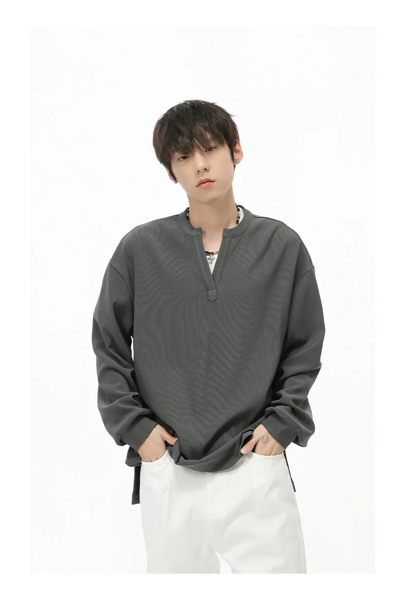 Men's  V-neck Long Sleeve T-Shirt Tops Clothing Autumn Korean Style Lazy Simple Solid Color Casual Pullover Bottoming Shirt Street King Limited