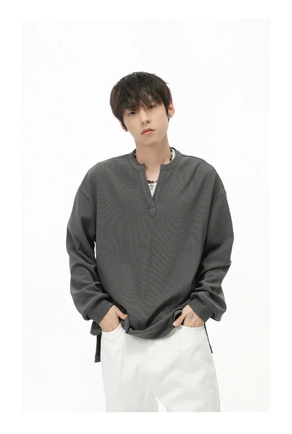 Men's  V-neck Long Sleeve T-Shirt Tops Clothing Autumn Korean Style Lazy Simple Solid Color Casual Pullover Bottoming Shirt Street King Limited