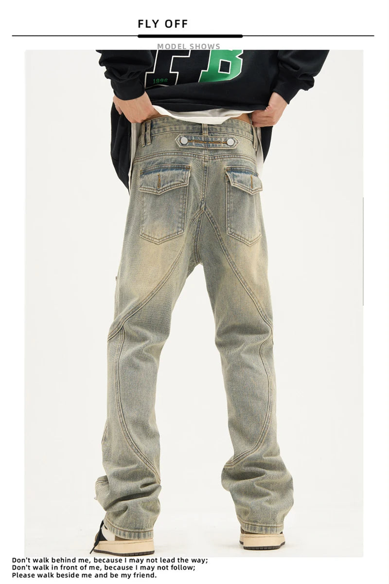 american high street retro straight jeans men casual patchwork y2k denim pants hip hop streetwear zipper baggy cargo jean unique cargo style 3126
