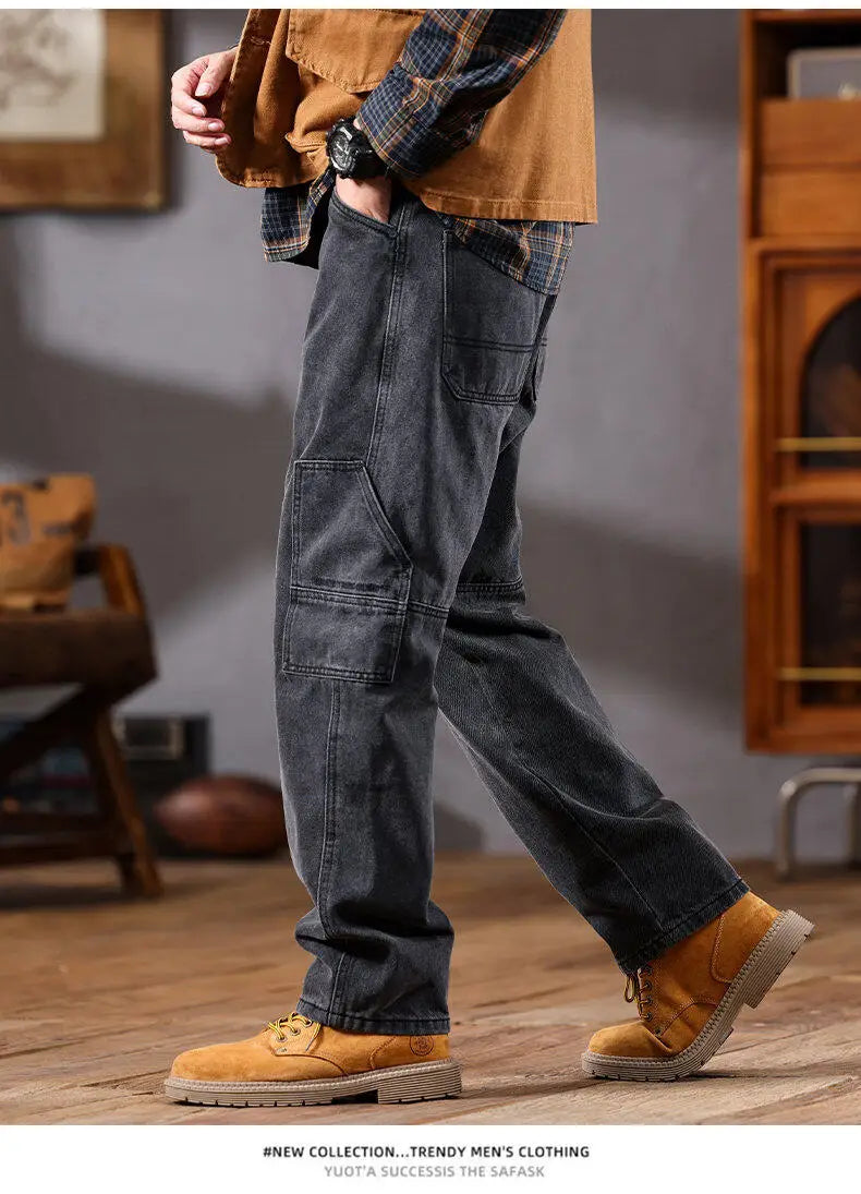 men retro fashion streetwear loose casual plus size straight denim cargo jeans pants man black gray jeans trousers unique cargo style 1848