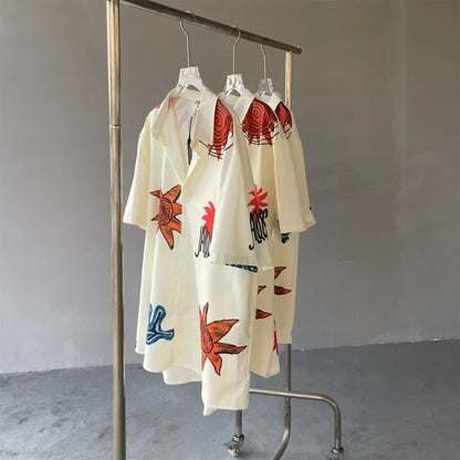 24SS Vintage Retro Starfish Direct Print High-Street Casual Beach Style Quality Short Sleeve Shirt Street King Limited