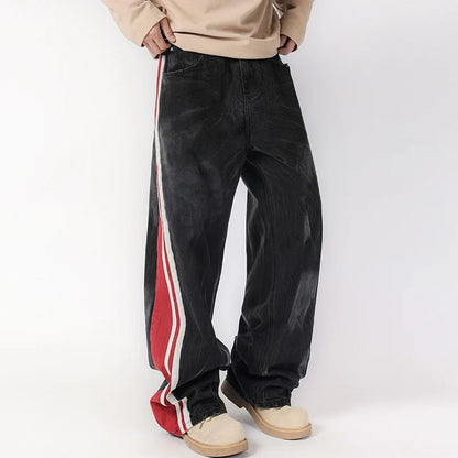 men streetwear fashion side splice hip hop loose casual wide leg straight baggy jeans pant cityboy jeans pants trousers denim street jeans