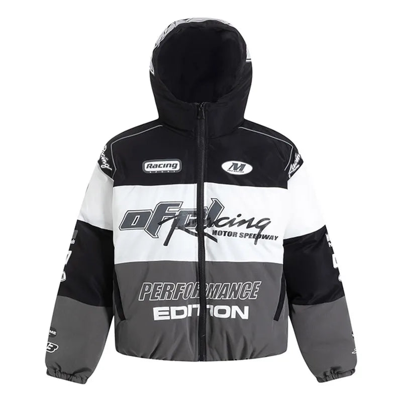 Men Padded Jackets American Vintage Letter Printed Racing Outwear Y2K Loose Hooded Waterproof Coats Hip Hop Baseball Clothing Street King Limited