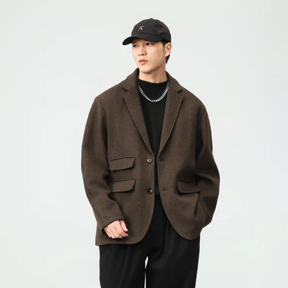 men autumn winter streetwear fashion retro wool thick blazer jacket commuter business casual plus size suit coat outerwear clean everyday pants