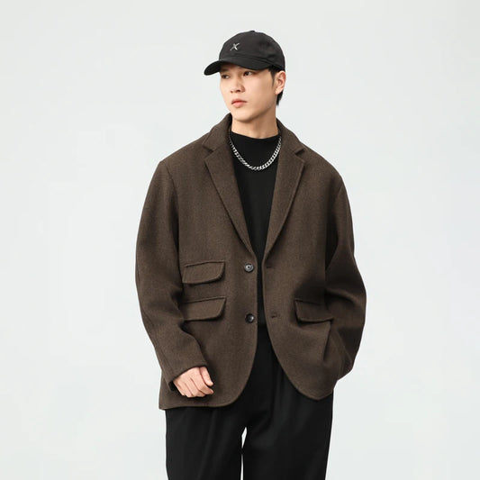 men autumn winter streetwear fashion retro wool thick blazer jacket commuter business casual plus size suit coat outerwear clean everyday pants
