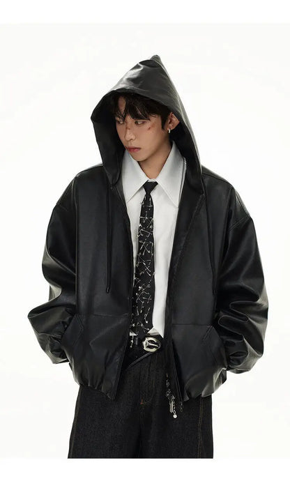 pu leather bomber jacket men streetwear fashion loose casual vintage leather hooded short motorcycle jacket hoody coat outerwear unique shorts style 566