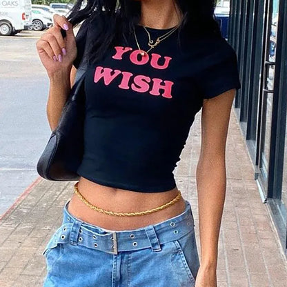 Aesthetic Fashion 2000S Cute Pink Letter Print Black Baby Tee Y2K Clothes Streetwear Vintage Short Sleeve Crop Top Women T-shirt Street King Limited
