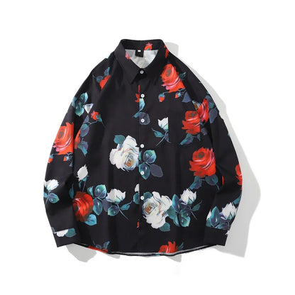 Dark Icon Floral Loose Men's Shirt Long Sleeve Autumn Oversized Shirt Man Black White Street King Limited